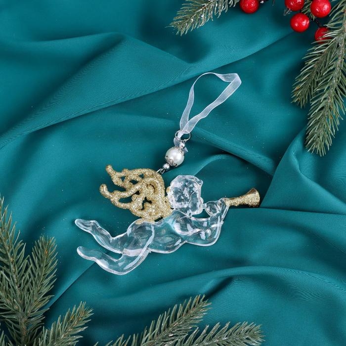 Украшение ёлочное Украшение ёлочное "Ангел с трубой блеск" 14х8 см, прозрачно-золотой