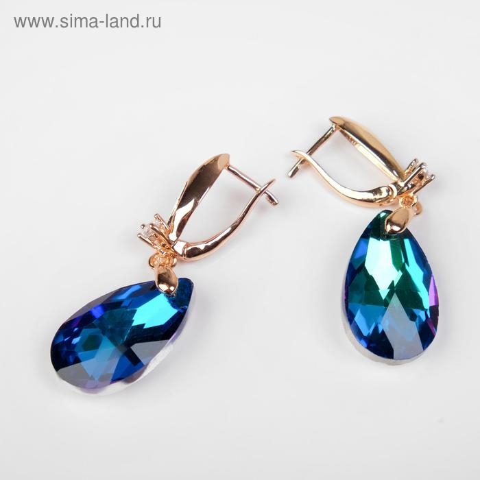 Серьги со стразами «Иллюзион» капля на овале, цвет бело-синий в золоте Серьги со стразами «Иллюзион» капля на овале, цвет бело-синий в золоте
