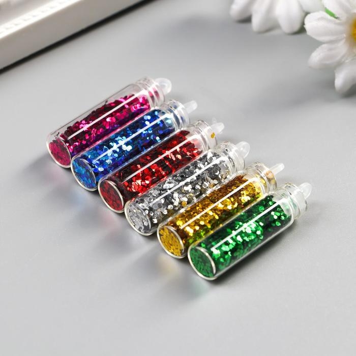 Глиттер набор 6 бутылочек Глиттер набор 6 бутылочек "Хлопья блеск", вес глиттера в 1 бут - 1,2 гр, цвет микс