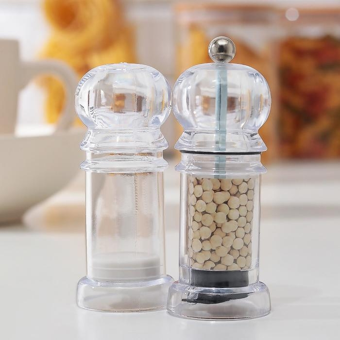 Набор для специй Доляна «Льдинки», h=10 см, 2 шт: мельница, солонка, цвет прозрачный Набор для специй Доляна «Льдинки», h=10 см, 2 шт: мельница, солонка, цвет прозрачный