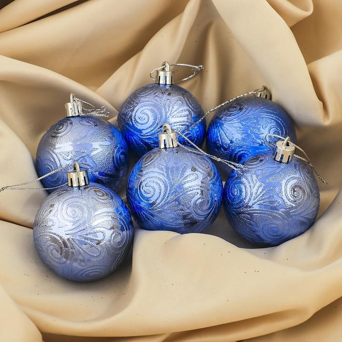 Набор шаров пластик d-6 см, 6 шт Набор шаров пластик d-6 см, 6 шт "Кружевной узор" синий