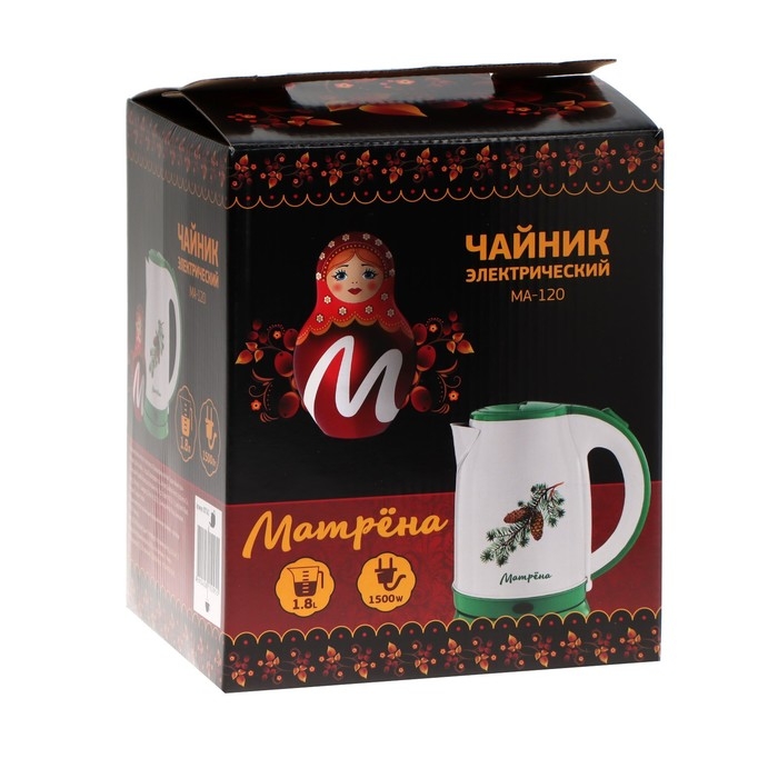 Чайник электрический МАТРЁНА MA-120, металл, 1.8 л, 1500 Вт, бело-зелёный с рисунком "Шишки"