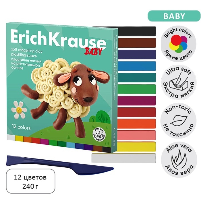 Пластилин мягкий 12 цветов, 240 г, ErichKrause Пластилин мягкий 12 цветов, 240 г, ErichKrause "Baby", со стеком, на растительно основе, с Алоэ Вера , европодвес