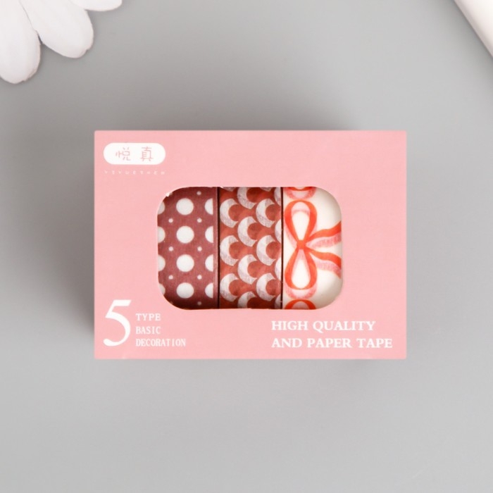 Клейкая лента бумага Клейкая лента бумага "Красные узоры" ширина 1 см намотка 2 м набор 5 шт