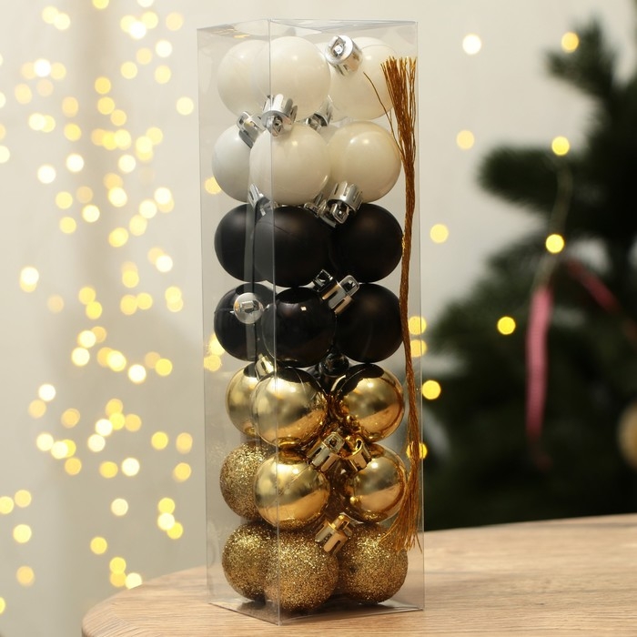 Шары ёлочные новогодние, на Новый год, пластик, d=3 см, 28 шт., цвет чёрный, белый и золотой