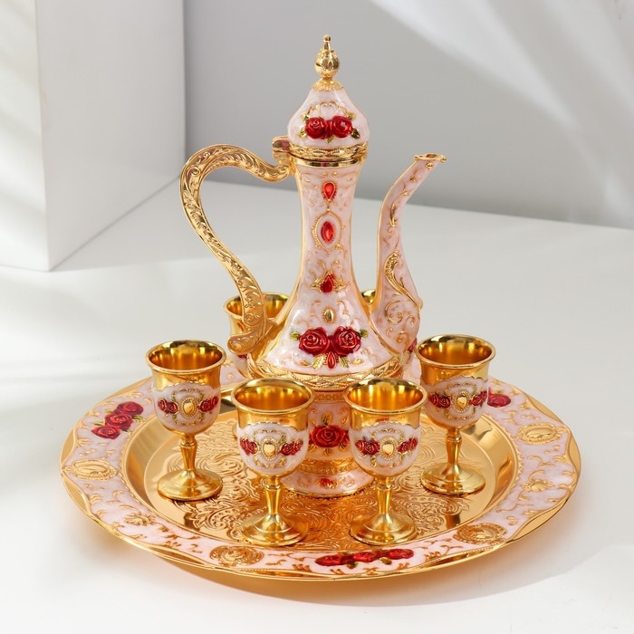 Набор винный кувшин, 6 бокалов и поднос  Набор винный кувшин, 6 бокалов и поднос "Стамбул. Красные розы, узоры" белый с золотом