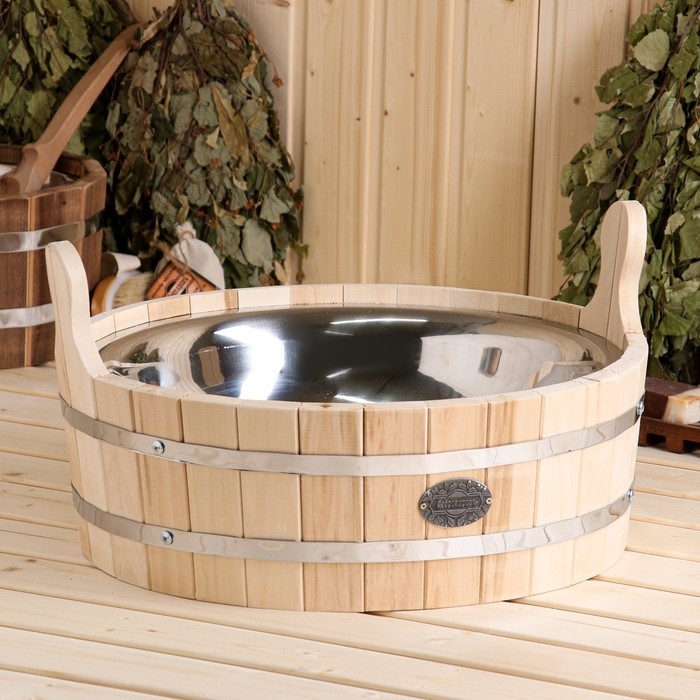 Шайка из липы, 9 л, круглая, нержавеющая вставка, Шайка из липы, 9 л, круглая, нержавеющая вставка, "Добропаровъ"