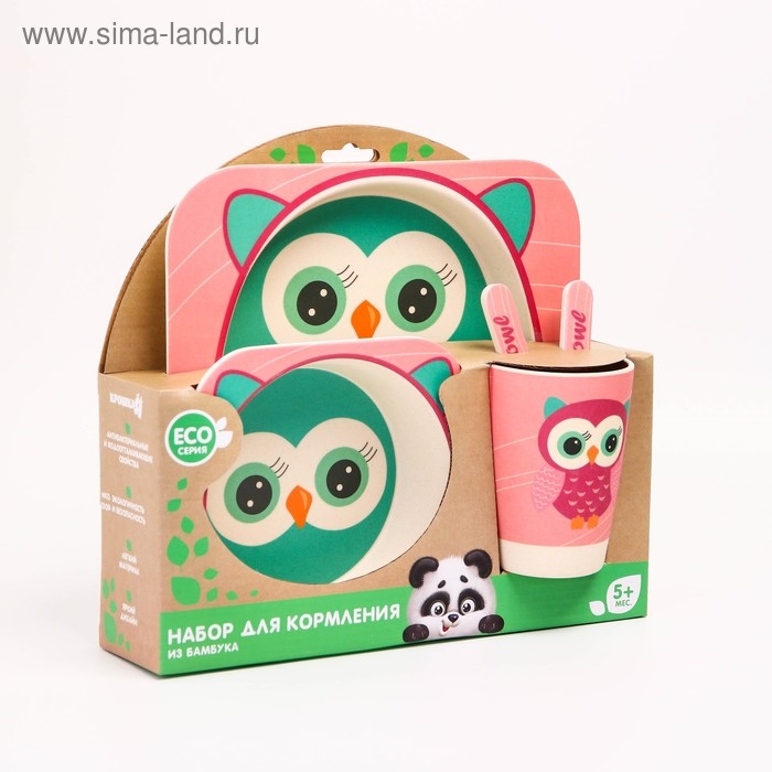 Набор детской бамбуковой посуды «Совушка», тарелка, миска, стакан, приборы, 5 предметов Набор детской бамбуковой посуды «Совушка», тарелка, миска, стакан, приборы, 5 предметов