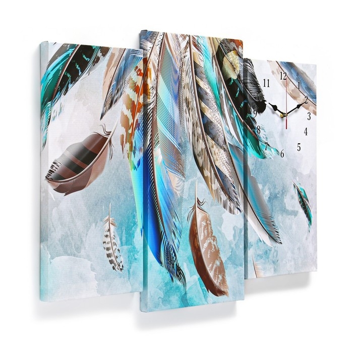 Часы-картина настенные, модульные  Часы-картина настенные, модульные "Перья", бесшумные, 60 х 80 см, триптих