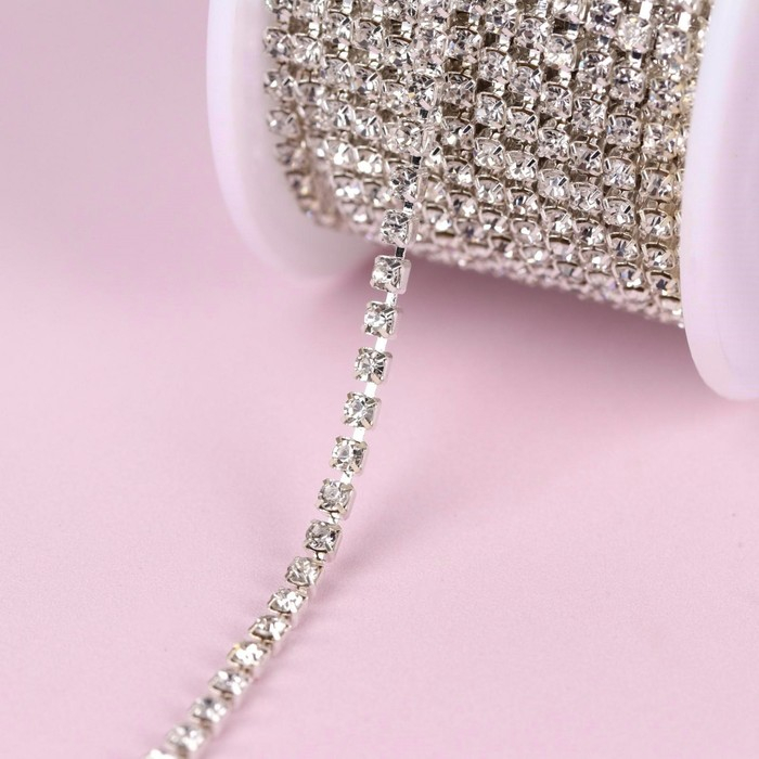 Цепь со стразами, металл, стекло, 2 мм, 9 ± 1 м, цвет серебряный Цепь со стразами, металл, стекло, 2 мм, 9 ± 1 м, цвет серебряный