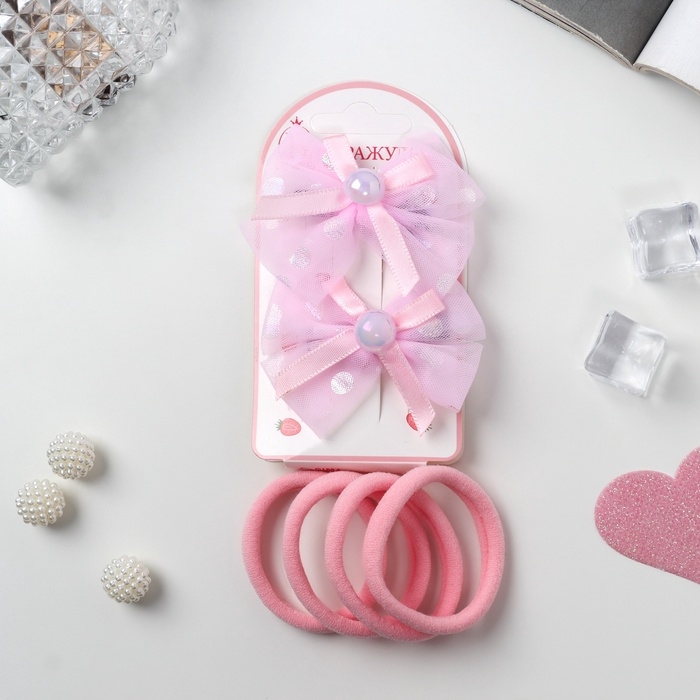 Набор для волос Набор для волос "Кокетка" (4 резинки 4 см, 2 зажима 7 см) бантик переливы, розовый