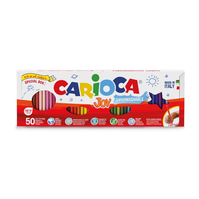 Фломастеры 36 цветов 50 штук, Carioca  Фломастеры 36 цветов 50 штук, Carioca "Joy", тонкий наконечник, стойкие, легко смываемые и нетоксичные чернила, картонный пенал