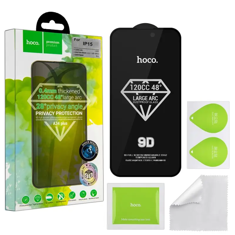 Защитное стекло iPh 15/iPh 16 Dustproof Privacy A34 Plus HOCO Защитное стекло iPh 15/iPh 16 Dustproof Privacy A34 Plus HOCO