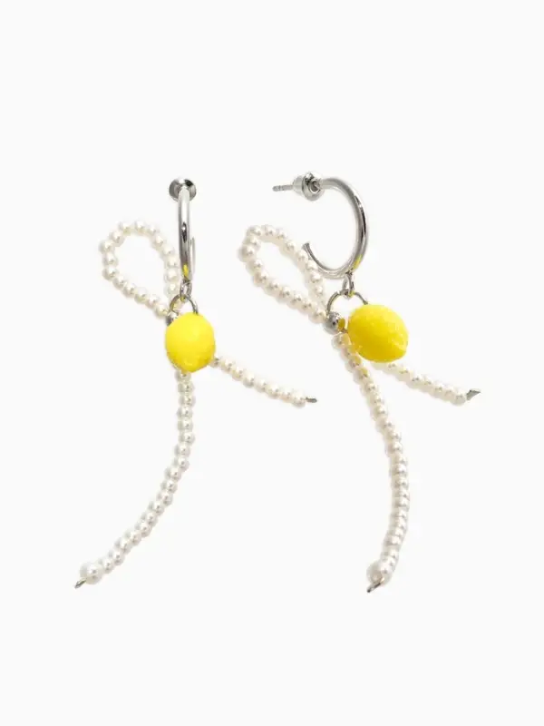 Серьги "Лимоны с бантиком", цвет жёлто-белый  в серебре №2