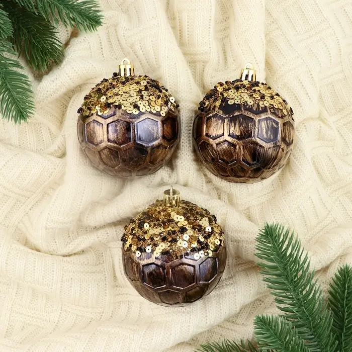 Ёлочные игрушки &laquo;Сказочные узоры&raquo; снежинки, шары новогодние, d=8 см, набор 3 шт., золотисто-коричневый