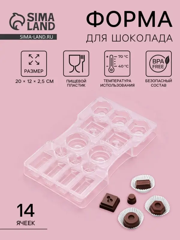 Форма для конфет и шоколада &laquo;Ассорти&raquo;, пластик, 14 ячеек, 20&times;12&times;2.5 см, прозрачная