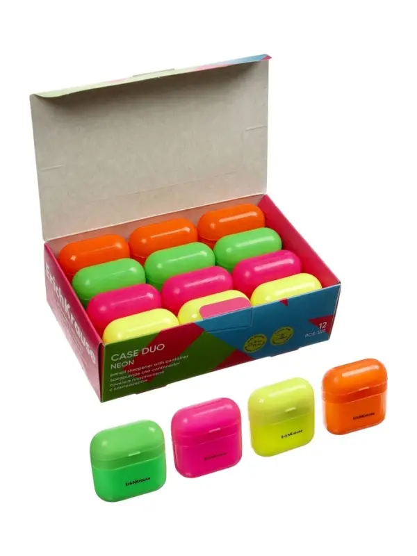 Точилка ErichKrause Case Duo Neon, 2 отверстия, с контейнером, МИКС