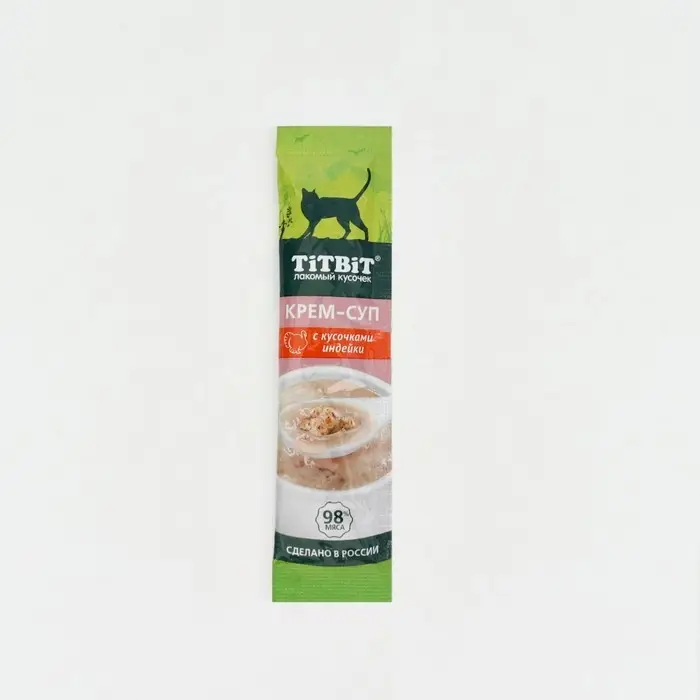 Лакомство крем-суп TitBit для кошек с кусочками индейки, 10 г Лакомство крем-суп TitBit для кошек с кусочками индейки, 10 г