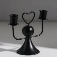 Подсвечник металл, дерево на 2 свечи "Сердечко" d=2,5 см чёрный 14х7х12 см