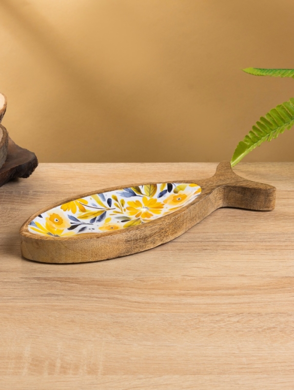 Блюдо в форме рыбки Блюдо в форме рыбки "Желтые и синие цветы" дерево манго 25,5х10х2 см