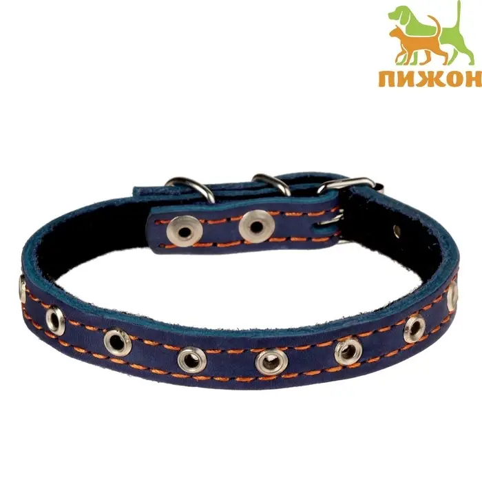 Ошейник кожаный на синтепоне, безразмерный, 37&times;1.5 см, ОШ 21-31 см, синий