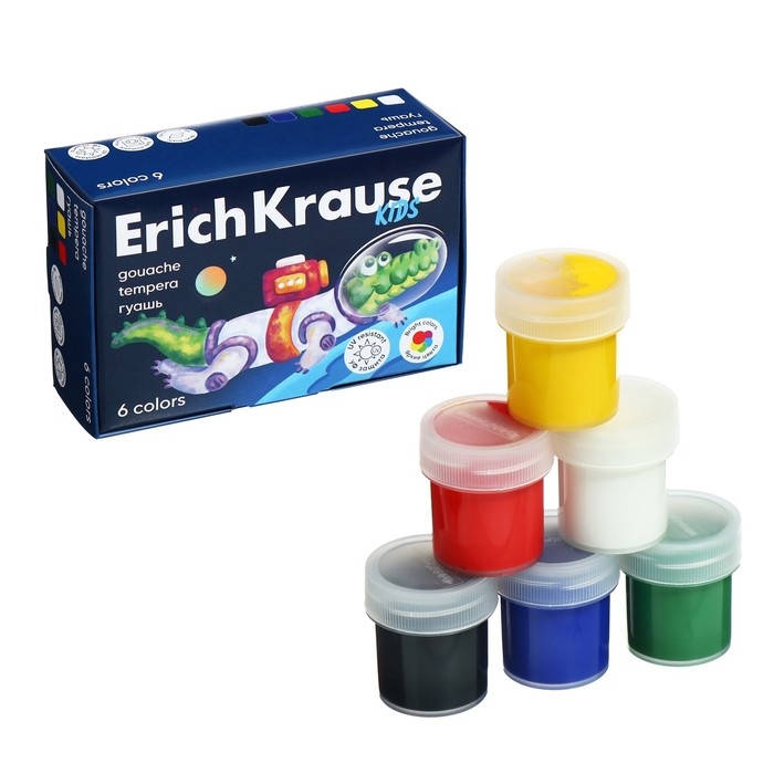 Гуашь 6 цветов х 20 мл, ErichKrause  Гуашь 6 цветов х 20 мл, ErichKrause "Kids Space Animals", с УФ защитой яркости, в коробке