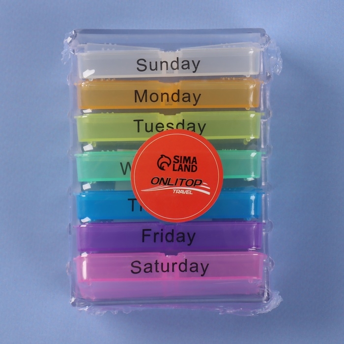 Таблетница-органайзер «Неделька», английские буквы, утро/день/вечер/ночь, 10 × 7,5 × 4 см, 7 контейнеров по 4 секции, разноцветный Таблетница-органайзер «Неделька», английские буквы, утро/день/вечер/ночь, 10 × 7,5 × 4 см, 7 контейнеров по 4 секции, разноцветный