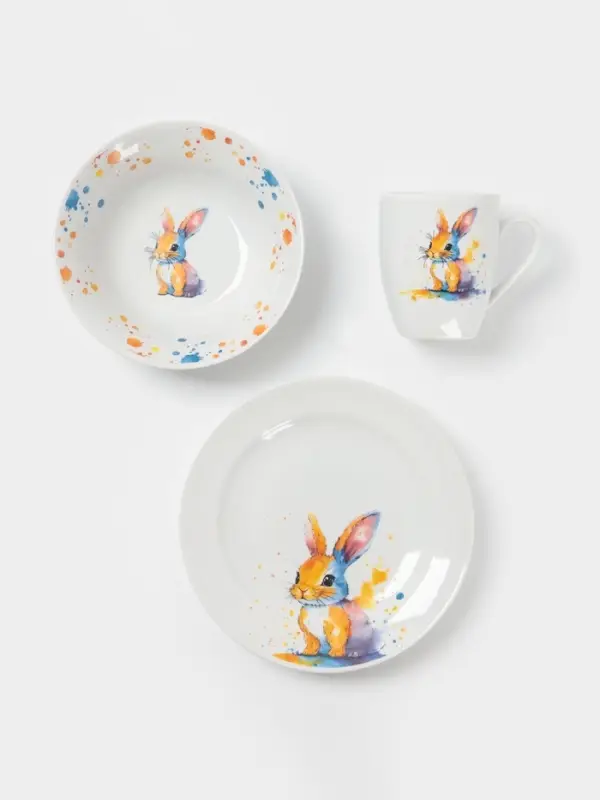 Набор детской посуды Дулевский фарфор &laquo;Зайчик&raquo;, 3 предмета: тарелка 175 мл, миска 360 мл, кружка 210 мл, белый