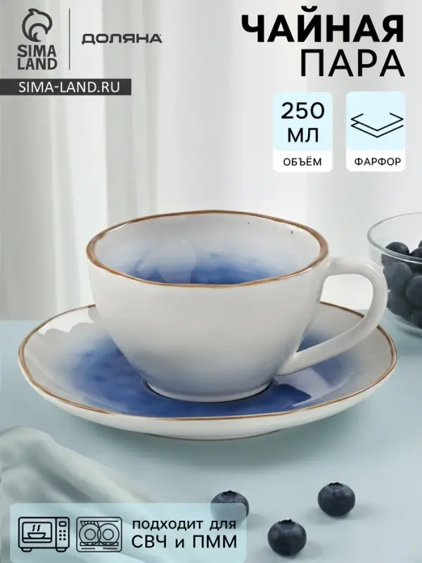 Чайная пара Доляна &laquo;Космос&raquo;, чашка 250 мл, блюдце d=16 см, фарфор, белая, синяя