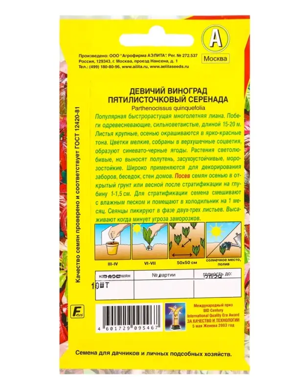 Семена цветов Девичий виноград Серенада Мн, Ц/П,10 шт. Семена цветов Девичий виноград Серенада Мн, Ц/П,10 шт.