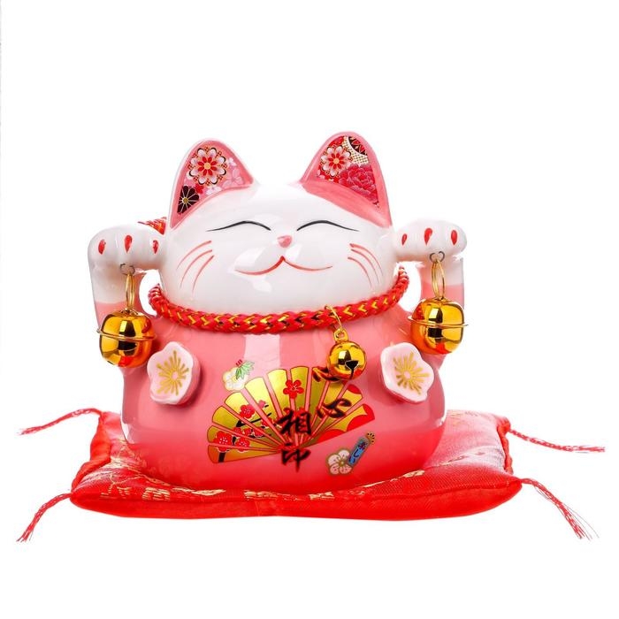 Сувенир керамика копилка Сувенир керамика копилка "Розовый кот Манэки-нэко с колокольчиками" 11,5х11,5х9,5 см