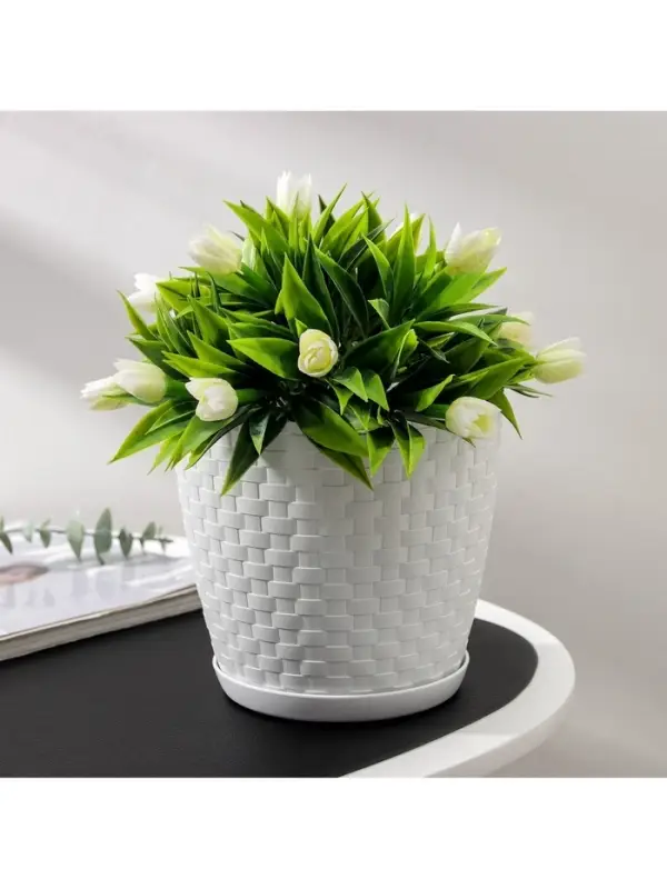 Горшок для цветов с поддоном &laquo;Ротанг&raquo;, 2 л, d=15 см, h=14 см, пластиковый, белый