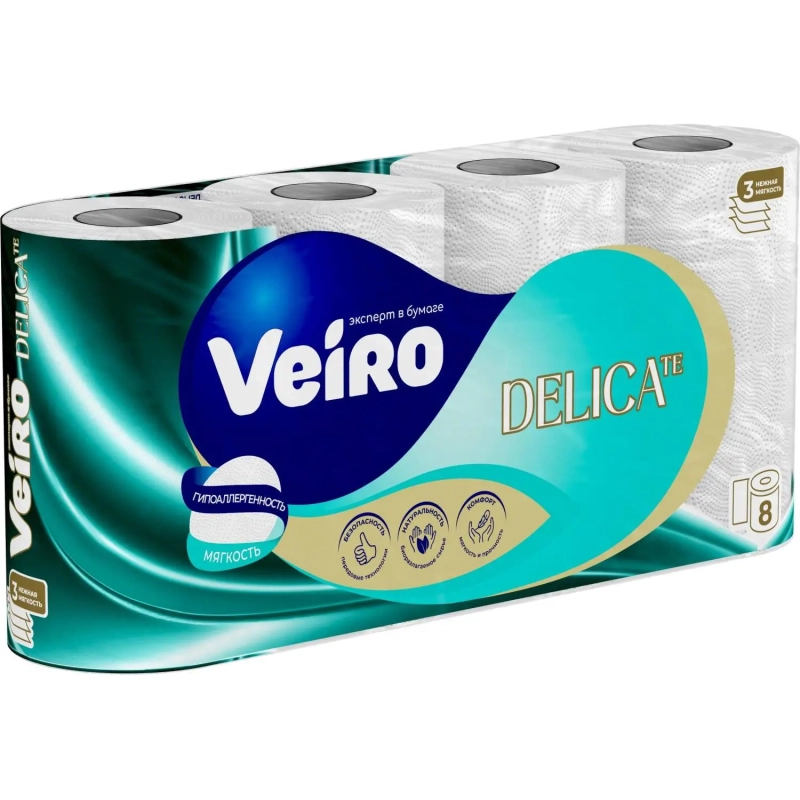 Бумага туалетная Veiro Delicate Ц 3сл 120л 15м 8рул/уп МСК
