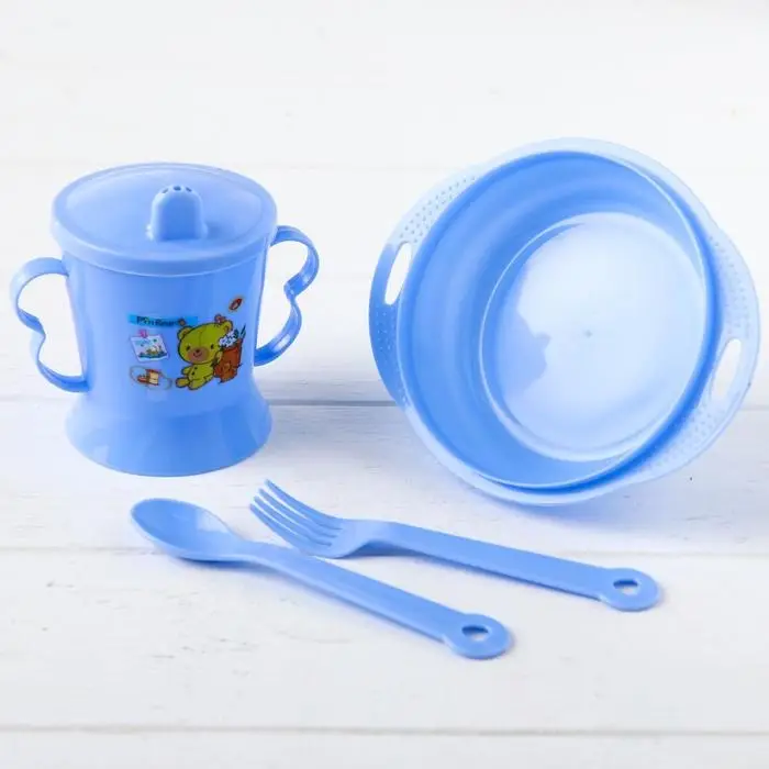 Детская посуда в наборе, 4 предмета: миска, ложка, вилка, поильник с твёрдым носиком 200 мл, цвета МИКС
