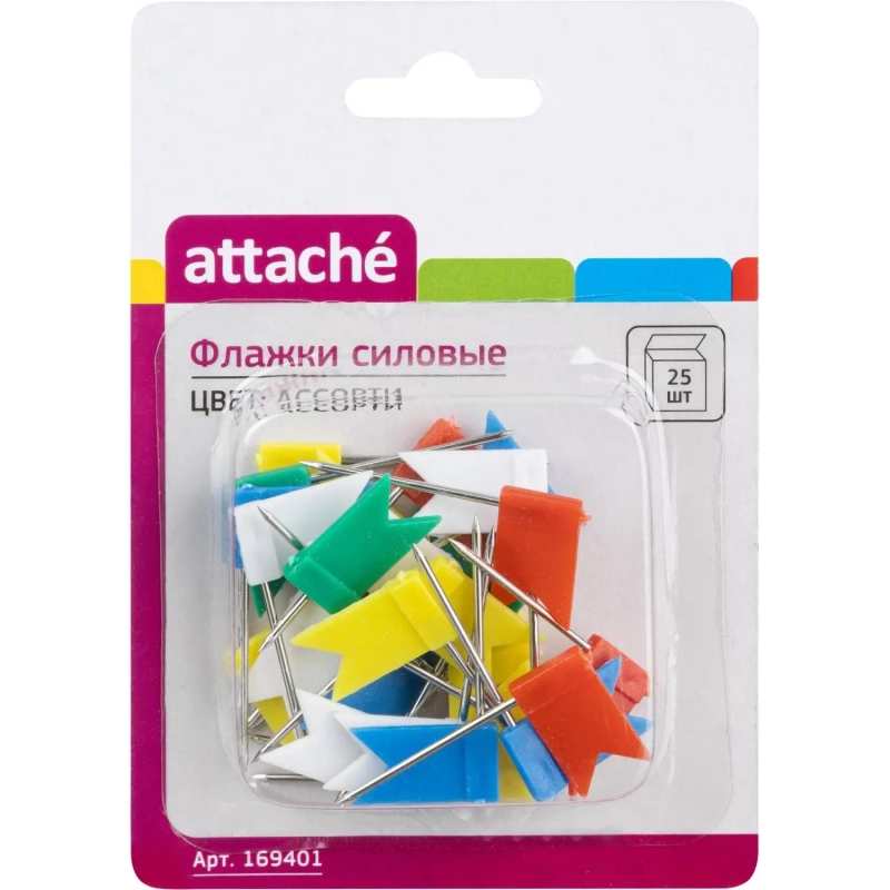 Кнопки силовые д/пробковых досок Attache ФЛАЖКИ,пластик,европ,ассор,25шт/уп