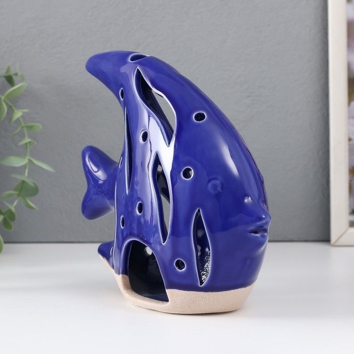 Подсвечник керамика  Подсвечник керамика "Рыба Скалярия" песочно-синий 18,3х7,3х16 см