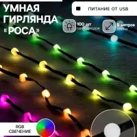Умная гирлянда &laquo;Нить&raquo; 5 м, роса с насадками &laquo;Шарики&raquo;, IP20, черный провод, 100 LED, пульт ДУ, приложение, свечение RGB, USB