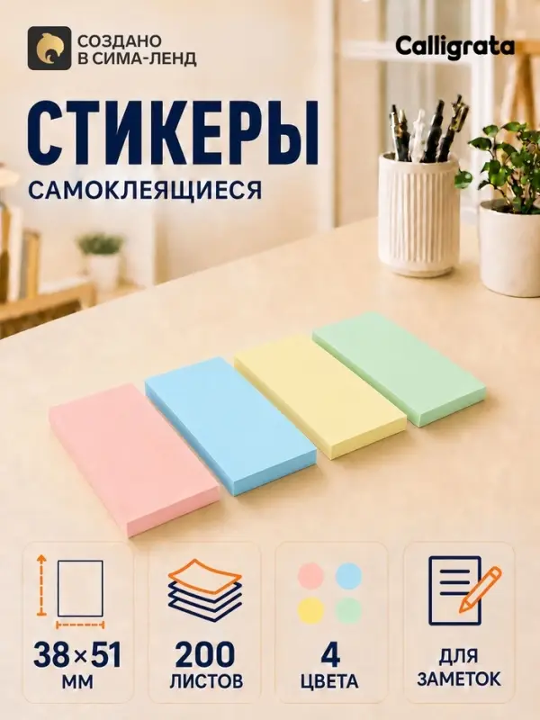 Набор блоков с липким краем, 38&times;51 мм, 4 по 50 листов