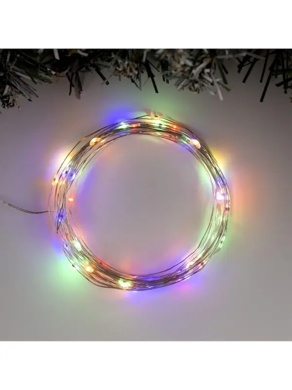 Гирлянда &laquo;Нить&raquo; 5 м, роса, IP20, серебристая нить, 50 LED, 2 режима, от батареек АА&times;3, свечение тёплое белое / мульти