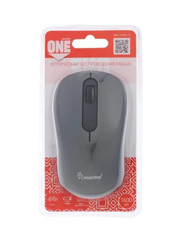 Мышь беспроводная Smartbuy ONE 378, 3 кнопки, 1600 dpi, USB, от батарейки 1хАА, серая