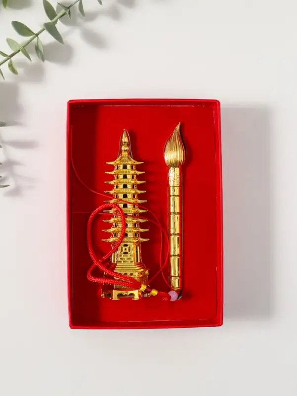 Набор нэцкэ фигурок 2 шт. &laquo;Пагода литературы&raquo;, металл под золото, подарочные