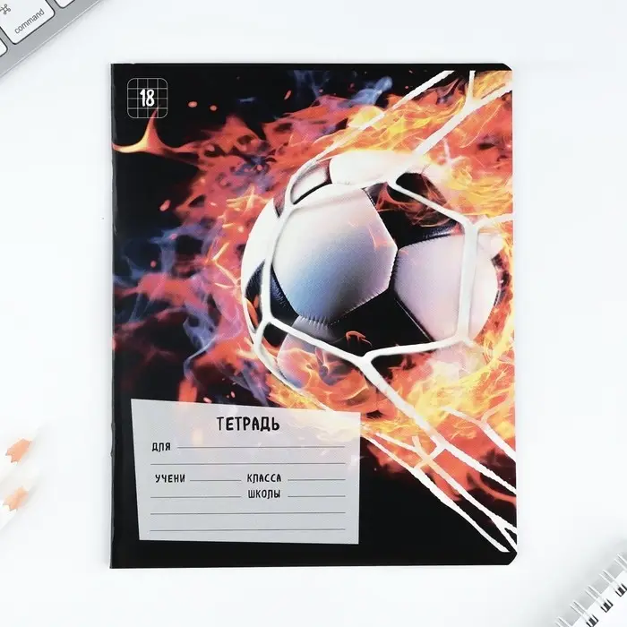 Тетрадь в клетку 18 листов А5, на скрепке &laquo;Футбол&raquo;, обложка мелованный картон, 5 видов МИКС