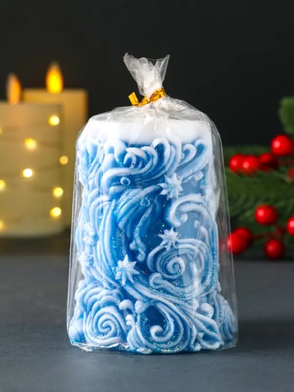 Свеча новогодняя столбик  Свеча новогодняя столбик "Резная" синий