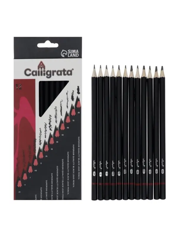 Карандаши чернографитные Calligrata, 12 штук, разная твёрдость, шестигранные, деревянные