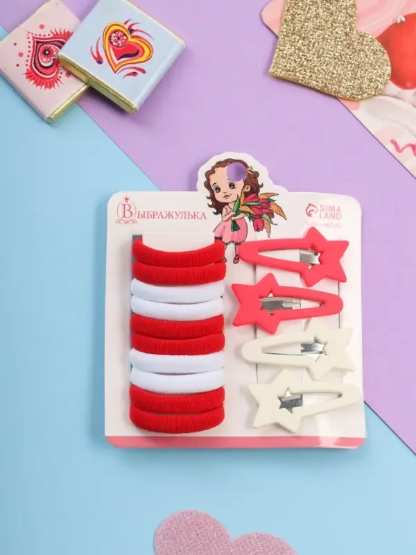 Набор для волос «Аделия»: 10 резинок 3 см, 4 невидимки 3.5 см, звезда, красный, белый Набор для волос «Аделия»: 10 резинок 3 см, 4 невидимки 3.5 см, звезда, красный, белый
