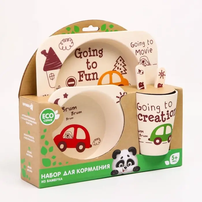 Детская посуда из бамбука в наборе &laquo;Машинки&raquo;, тарелка, миска, стакан, приборы, 5 предметов
