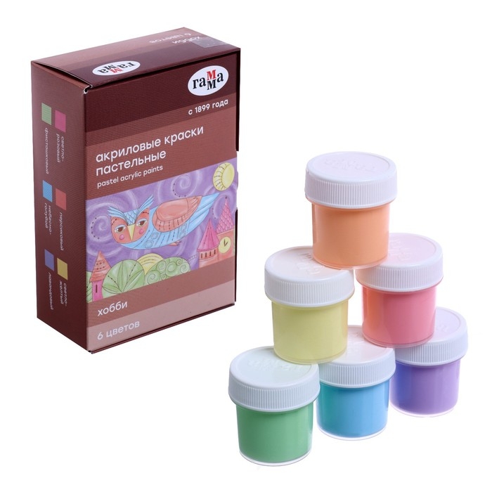 Краска акриловая, набор 6 цветов х 20 мл, Гамма Краска акриловая, набор 6 цветов х 20 мл, Гамма "Хобби", Pastel, морозостойкая, 180120228