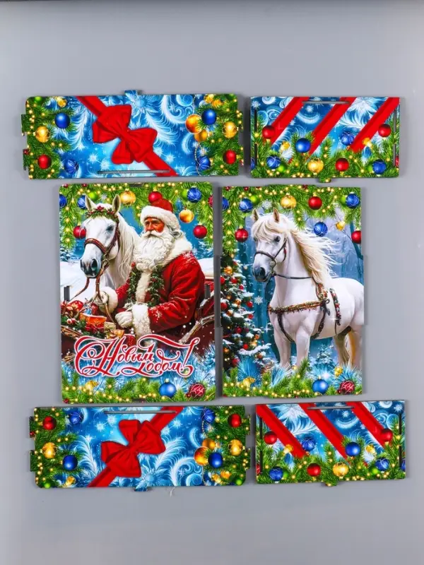 Шкатулка-ящик  самосборный большой  с символом года "Дед Мороз и лошадь", 28х19,5х11 см