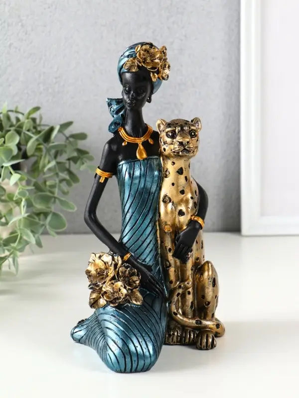 Сувенир полистоун  Сувенир полистоун "Африканка в платье с леопардом" бензиновый синий 13х13х25,5 см