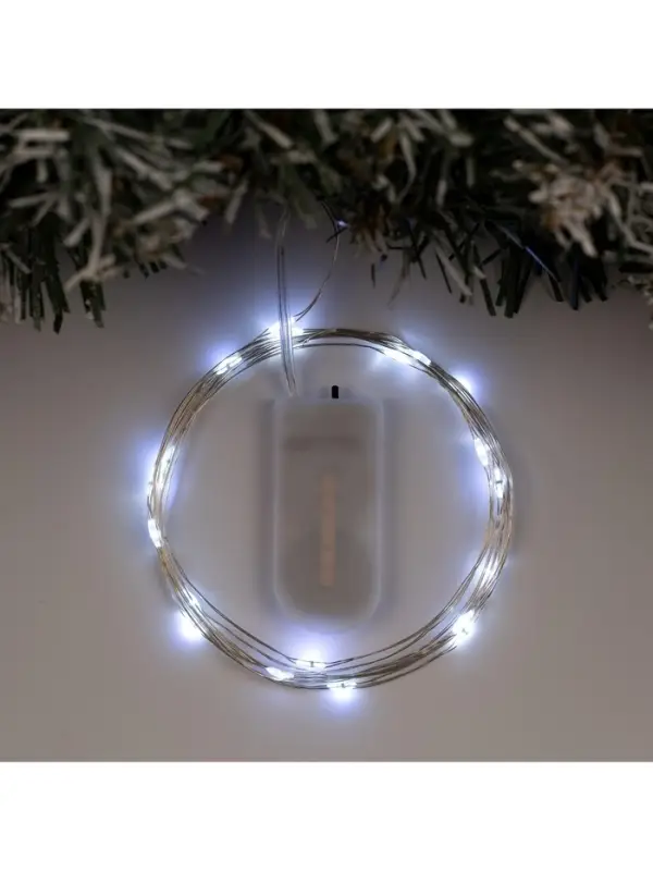 Гирлянда &laquo;Нить&raquo; 2 м роса, IP20, серебристая нить, 20 LED, батарейки CR2032&times;2 (в комплекте), свечение белое
